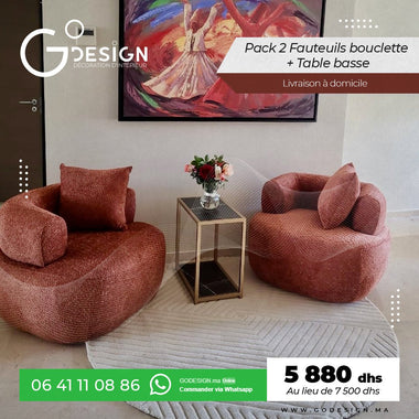 Pack 2 chaises en bouclette + Table d'appoint - GoDesign.ma