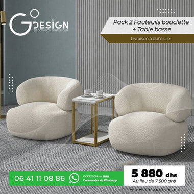 Pack 2 chaises en bouclette + Table d'appoint - GoDesign.ma