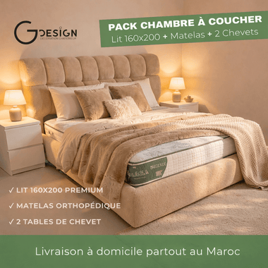 Pack Chambre Complet 160x200 – Lit + Matelas + 2 Chevets - GoDesign.ma